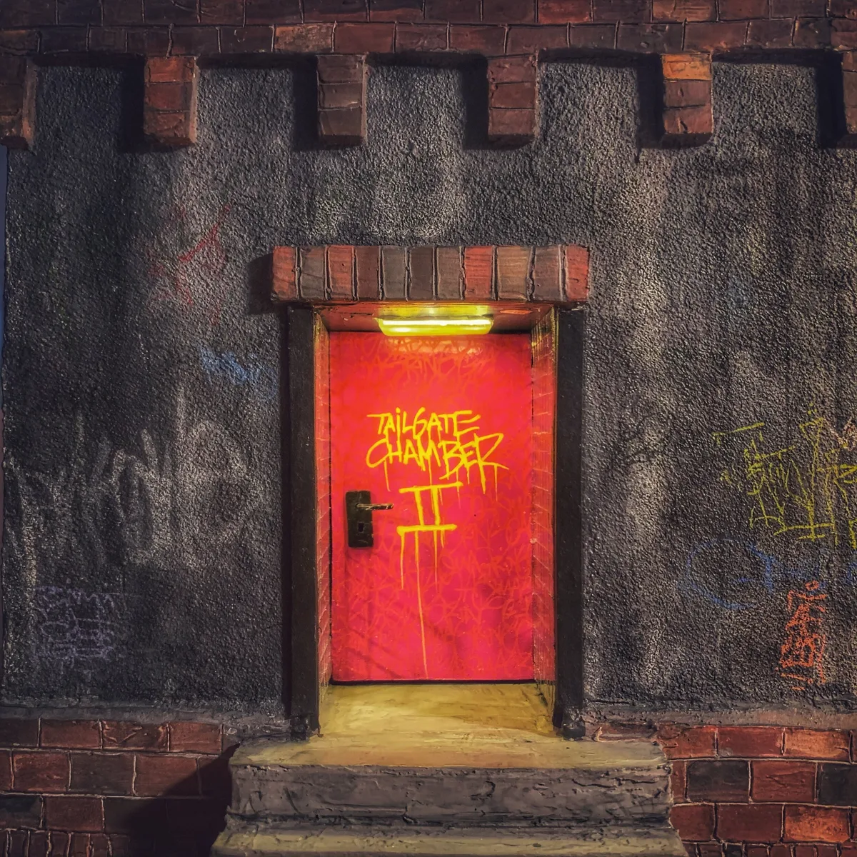 Album cover: Tailgate Chamber II – a red door in a graffiti-covered brick wall